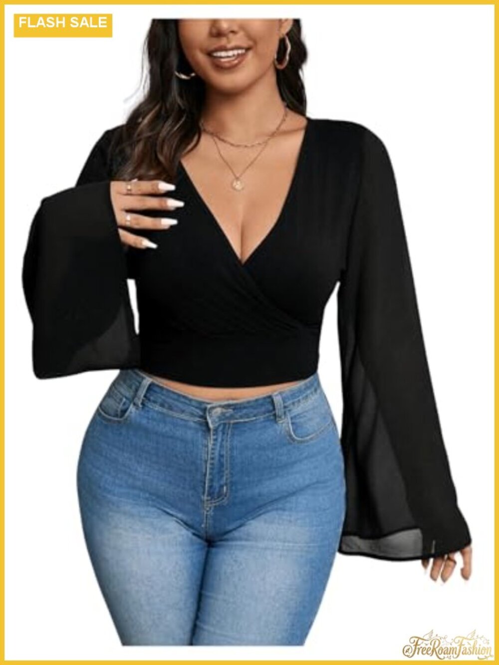 Plus Size Wrap Top V Neck Bell Long Sleeve Crop Top Party Going Out